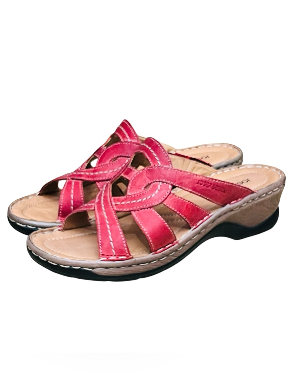 Josef Seibel Catalonia Sandals Leather Red Slip On Comfort Slides Shoes Sz 9 - Picture 2 of 12